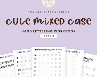Puede incluir: Un cuaderno de ejercicios de caligrafía imprimible titulado Cute Mixed Case de 10 páginas. La portada presenta texto marrón oscuro sobre un fondo violeta claro. Se muestran varias hojas de práctica blancas con líneas y letras.