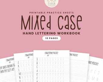 May include: A 10-page printable hand lettering workbook titled Mixed Case with practice sheets featuring alphabet letters and the phrase The quick brown fox jumps over the lazy dog in a light gray font on a white background.