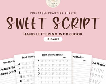 May include: A printable hand lettering workbook titled Sweet Script with 16 pages. The cover features dark brown text on a light pink background. Several white practice sheets are displayed below, showing alphabet tracing guides and lined paper.