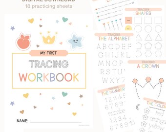 Cuaderno de rastreo Alfabeto Líneas Números Colores Formas Animales Hojas-Escritura a mano Preescolar Jardín de infantes Imprimir Mayúsculas Minúsculas Educación en casa