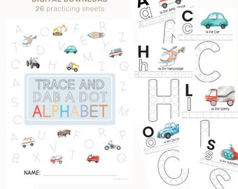 Alphabet Tracing Dab a Dot Sheet-Handwriting Sheet-Preschool Kindergarten ABC Letter Printable Uppercase Letter Vehicles Practice Homeschool