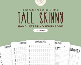 Puede incluir: Un cuaderno de ejercicios de caligrafía imprimible titulado Tall Skinny con 12 páginas de hojas de práctica. La portada presenta texto marrón oscuro sobre un fondo verde salvia, con páginas interiores blancas y guías negras.