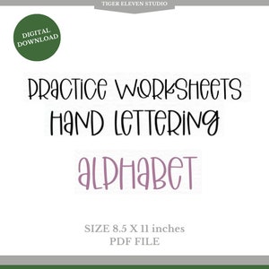 May include: A digital download of printable practice worksheets for hand lettering the alphabet. The worksheets are 8.5 by 11 inches and are in a PDF format. The text "PRACTICE WORKSHEETs HAND LETTERing ALPHABET" is in black and the text "ALPHABET" is in purple.