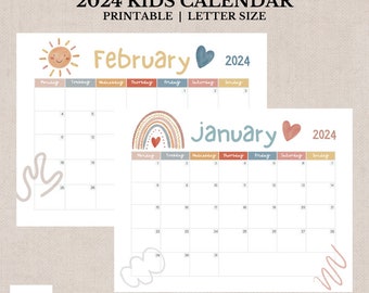 Printable 2024 Calendar, Kids Calendar, Boho, Desk Calendar, Digital Calendar, Rainbow Watercolor, Girls Calendar, Monthly Calendar, Letter