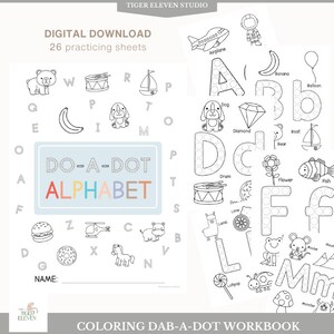 May include: Black and white printable worksheet for kids to practice the alphabet using a dot-to-dot activity. The worksheet features a variety of images, including a bear, a banana, a drum, a flower, a fish, a mouse, and a mushroom. The worksheet is titled "Do-A-Dot Alphabet" and includes the text "26 practicing sheets".
