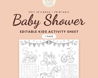 Könnte beinhalten: Ein druckbares Aktivitätsblatt für eine Babyparty mit schwarz-weißen Strichzeichnungen, darunter ein Wortsuchrätsel, ein Labyrinth, Tic-Tac-Toe, ein Schaukelpferd, ein Teddybär, ein Storch und verschiedene Babyartikel.