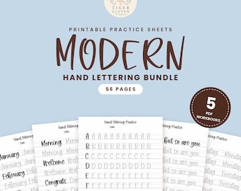 Pode incluir: Um pacote digital de 56 folhas de prática de caligrafia imprimíveis com o texto Modern Hand Lettering Bundle e 5 PDF Workbooks. As páginas incluem linhas de prática para meses, letras do alfabeto e frases como but so are you.