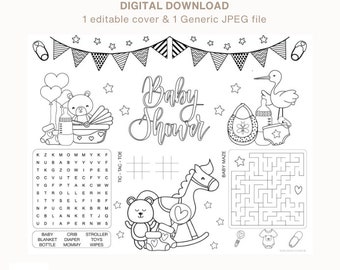 Personalized Baby Shower Coloring Activity Placemat | Editable Baby Shower games for kids | Printable Coloring Sheet Baby Shower Mat
