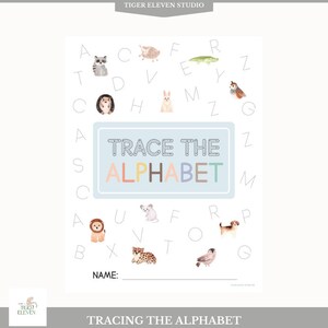 May include: A printable worksheet for tracing the alphabet. The worksheet features a light blue background with a colorful title "TRACE THE ALPHABET".  Each letter of the alphabet is surrounded by a different animal illustration.