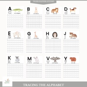 May include: Tracing the alphabet worksheet with animal illustrations. Each letter is shown with a corresponding animal, such as an alligator for A, a bunny for B, and a cat for C. The worksheet includes dotted lines for tracing the letters.