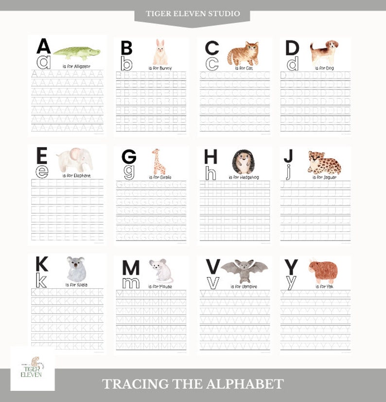 May include: Tracing the alphabet worksheet with animal illustrations. Each letter is shown with a corresponding animal, such as an alligator for A, a bunny for B, and a cat for C. The worksheet includes dotted lines for tracing the letters.