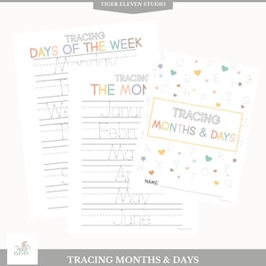 Rastreo de días de la semana Meses Hoja de trabajo de rastreo imprimible Práctica de escritura Niños Trace Preescolar Libro impreso Jardín de infantes Educación en casa