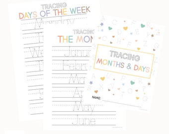 Tracing Days of the Week Months Printable Tracing Worksheet Handwriting Practice Kids Trace Preschool Print Book Kindergarten Homeschool