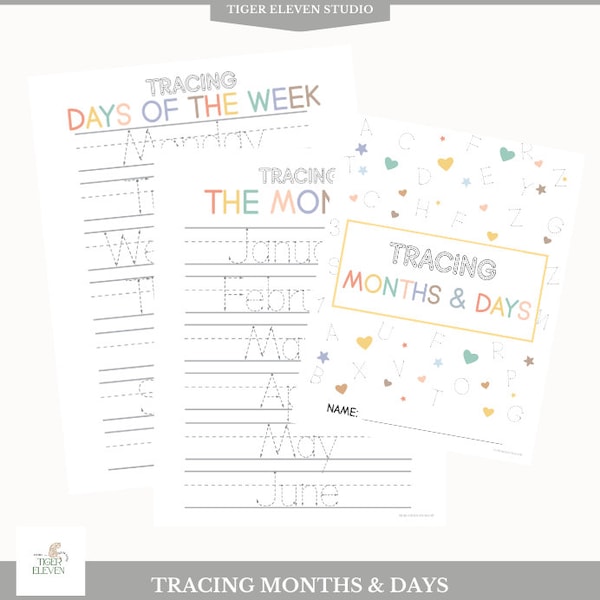 Tracing Days of the Week Months Printable Tracing Worksheet Handwriting Practice Kids Trace Preschool Print Book Kindergarten Homeschool