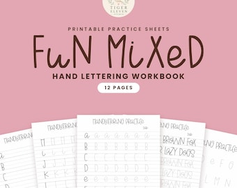 Puede incluir: Un cuaderno de ejercicios de caligrafía manual imprimible de 12 páginas con fondo rosa. La portada incluye el texto "PRINTABLE PRACTICE SHEETS", "FuN MiXeD", "HAND LETTERING WORKBOOK" y "12 PAGES". Debajo se muestran varias hojas de práctica blancas con letras del alfabeto y el texto "THE BROWN FOX".