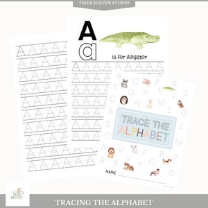 May include: A printable worksheet for tracing the letter A. The worksheet features a green alligator with the text "A is for Alligator". The worksheet also includes a section for tracing the letter A multiple times and a separate section with a "Trace the Alphabet" activity.