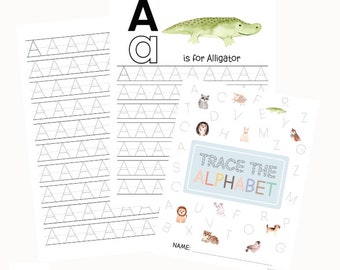 Hoja de calco del alfabeto-Hoja de escritura a mano-Preescolar Kindergarten ABC Letra imprimible Letra mayúscula minúscula Animales Práctica Educación en casa