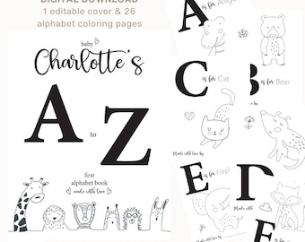 Baby Shower ABC Personalized Activity Game | Editable Baby Shower Coloring Book | Animal Alphabet Coloring Pages | Baby's First ABC Book