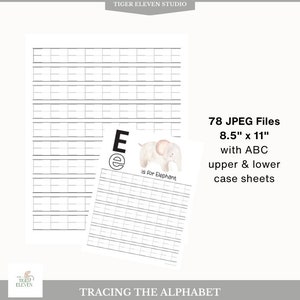 May include: Tracing the alphabet printable worksheets with an illustration of an elephant for the letter E. The printable sheets are 8.5 inches by 11 inches and include upper and lowercase letters.