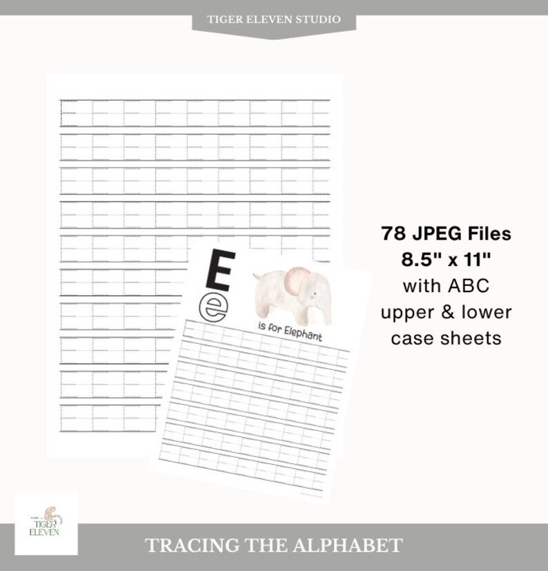 May include: Tracing the alphabet printable worksheets with an illustration of an elephant for the letter E. The printable sheets are 8.5 inches by 11 inches and include upper and lowercase letters.