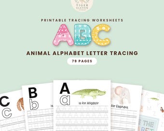 Puede incluir: Hojas de trabajo de caligrafía imprimibles tituladas Animal Alphabet Letter Tracing con 79 páginas. El diseño presenta letras grandes y coloridas A, B y C, y páginas individuales que muestran letras con ilustraciones de animales.