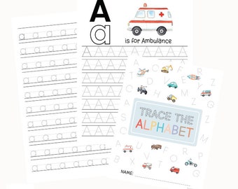 Hoja de práctica de escritura a mano con trazo del alfabeto: hojas de trabajo imprimibles con letras mayúsculas y minúsculas para preescolar, jardín de infantes y vehículos