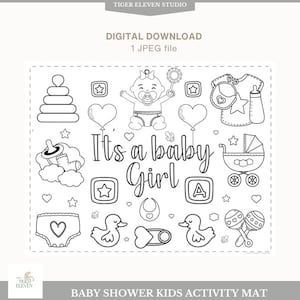 Baby Shower Coloring Activity Placemat It&#39;s a Girl | Baby Shower games for kids | Printable Coloring Sheet Baby Shower Mat | Kid Party games