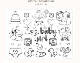 Baby Shower Coloring Activity Placemat It's a Girl | Baby Shower games for kids | Printable Coloring Sheet Baby Shower Mat | Kid Party games