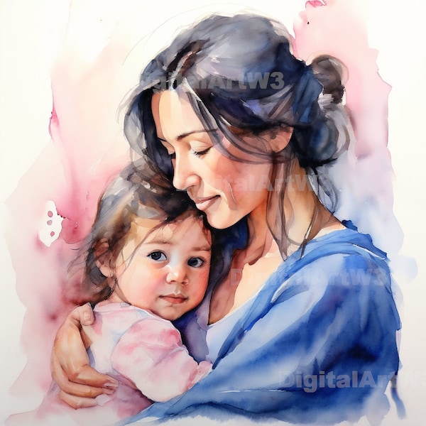 5 Imágenes prediseñadas del Día de la Madre, retrato acuarela, poster digital, Imágenes prediseñadas, regalo cumpleaños, imagen abrazo madre