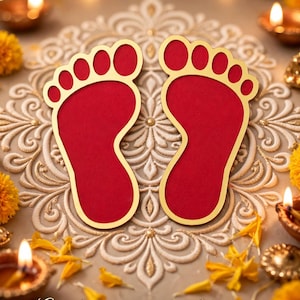 May include: Two red foot-shaped cutouts with gold-colored borders. The cutouts are positioned side-by-side. The text at the bottom reads: Can be customized in any color of your choice. The design features a flat, solid red center with a smooth gold outline.