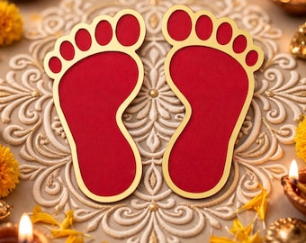 May include: Two red foot-shaped cutouts with gold-colored borders. The cutouts are positioned side-by-side. The text at the bottom reads: Can be customized in any color of your choice. The design features a flat, solid red center with a smooth gold outline.