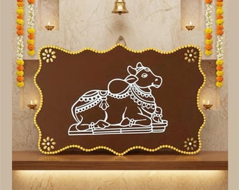 Nandi Cow Wooden Plaque, Pooja Room Decor, Sacred Bull Nandi Art for Home Office