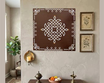 Hand-Painted Kolam Wooden Canvas Panel, Traditional Muggu Ethnic Home Decor