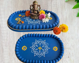 Kolam Wooden Tray with Beaded Border - Pooja Decor, Housewarming Gift, Arangetram, Trinket Dish