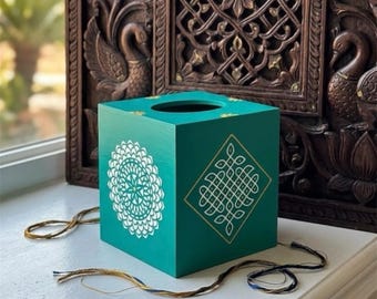 Tissue Box Cover with Kolam Mandala , Ethnic Housewarming Gift, Indian Folk Art, Home Decor