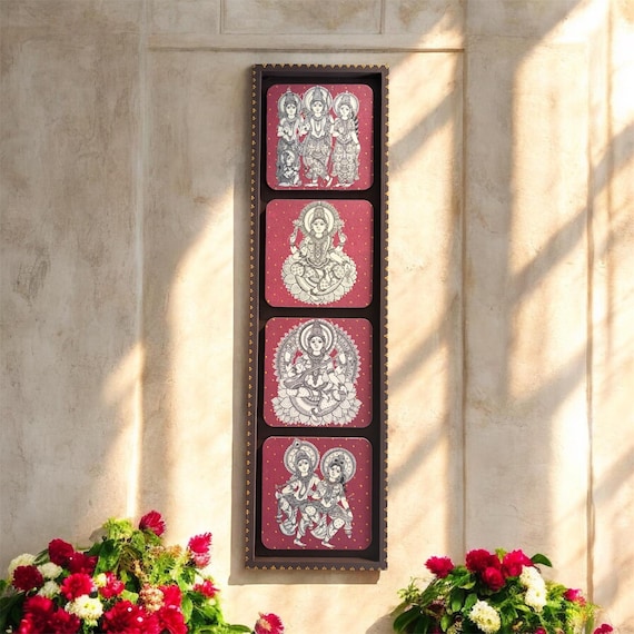 Kalamkari Wooden Panel: Indian Folk Art, South Indian Decor, Traditional Hindu Deity Wall Hanging