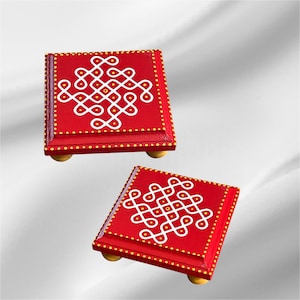 Beautiful 5 inch square wooden manai/ peeta painted with lovely kolam/rangoli/muggu design/ puja stool/ puja peeta/ diya stand