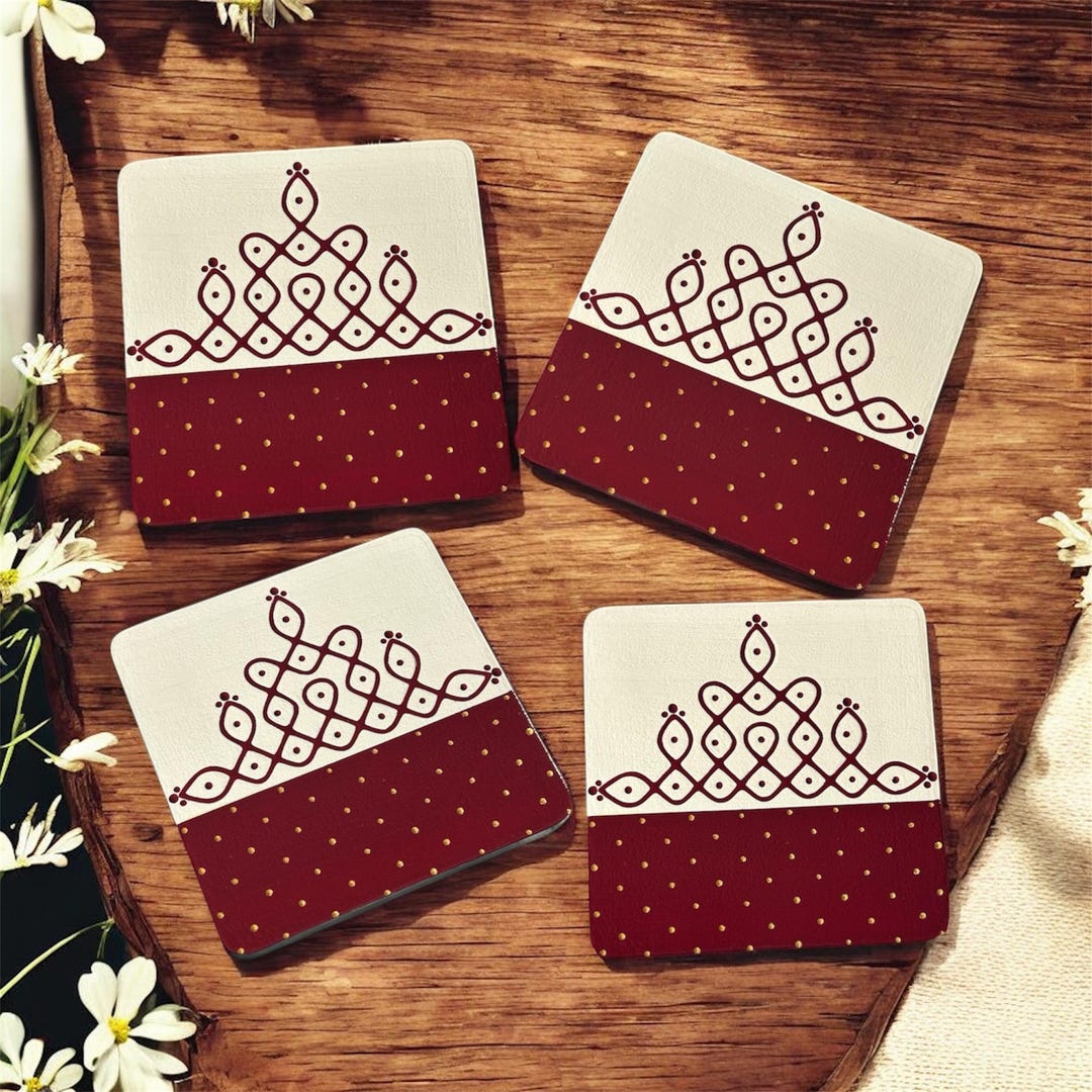 Set of 4 Kolam Designed Hand-painted Coasters/indian Home Decor/diya ...