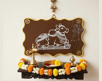 Nandi Cow Wooden Plaque, Pooja Room Decor, Sacred Bull Nandi Art for Home Office