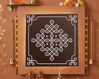 Painted Wood Kolam Canvas Art, South Indian Decor for Pooja Room, Housewarming Gift, Entryway