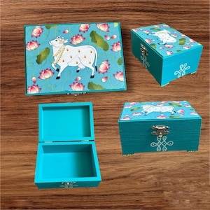 Handpainted Pichwai Cow Wooden Box: Indian Art Jewelry/Trinket Box