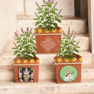 May include: Three terracotta-colored square planters with scalloped edges, each adorned with yellow flower designs and white trim. The planters feature images of deities and geometric patterns, and each holds a green plant with purple flower spikes.