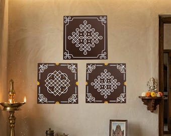 Painted Wood Kolam Canvas Art, South Indian Decor for Pooja Room, Housewarming Gift, Entryway