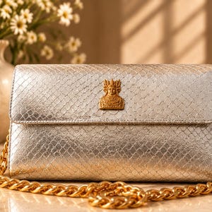 Women's silver leather bag – Gold chain shoulder bag – Python-effect embossed leather – Chic handcrafted bag – Gold medallion