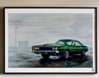 Dodge Charger, 1968 Dodge Charger, Dodge, Muscle Car, American Muscle Car, Classic Car, Car Poster, Watercolor, Green car, car enthusiast