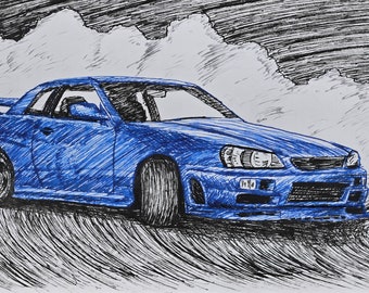 Nissan Gt-r, Gtr, Nissan Skyline r34, drift, jdm, Car drawing, Skyline r34, Nissan Skyline, Skyline, Nissan, Car Artwork, Original Drawing