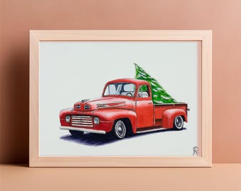 Christmas truck, Christmas tree, Christmas truck painting, red truck, Christmas painting, watercolor, Christmas decor, Christmas wall art