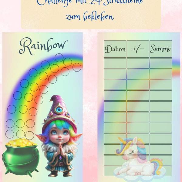 A6 - Klebechallenge. Lass den Regenbogen funkeln. Budgeting, Sparchallenge , Rubbelchallenge , Umschlagmethode