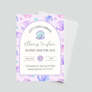May include: A lilac invitation card with a seashell theme. The card features the text "LET'S SHELLABRATE" and "Ellory Taylor IS ONE-DER THE SEA". The design includes watercolor seashells in shades of purple, pink, and blue. The date and time are also included.