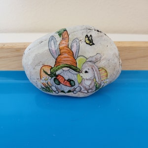 Easter Joy - Gnome with Bunny and Eggs Hand-Painted Easter Rock Art